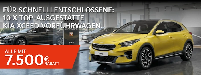 Gelber Kia XCeed Vorführwagen im Showroom mit 7.500 Euro Rabatt – Dein Autohaus Dähn